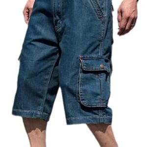 Men' Cargo Summer Denim Shorts Multi Pockets Blue Straight Short Jeans for Male Plus Size