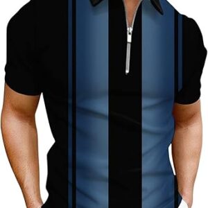 Men's Short Sleeve Zipper Casual Slim Fit Printed Golf Polo Shirt Tops