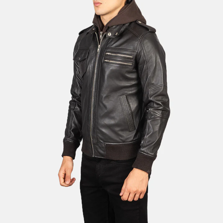 Bravado Brown Hooded Leather Bomber Jacket - Image 2