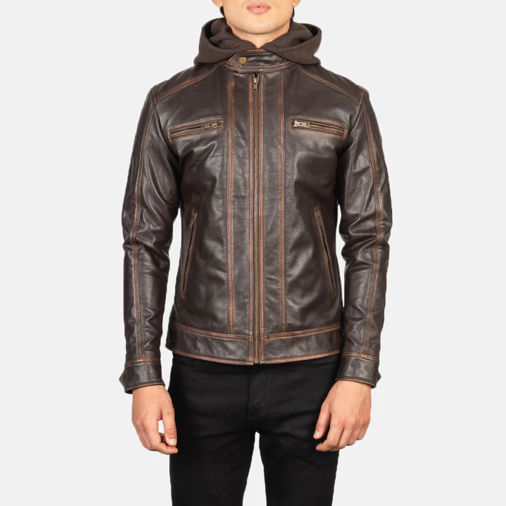 Hector Vintage Brown Hooded Leather Biker Jacket - Image 2