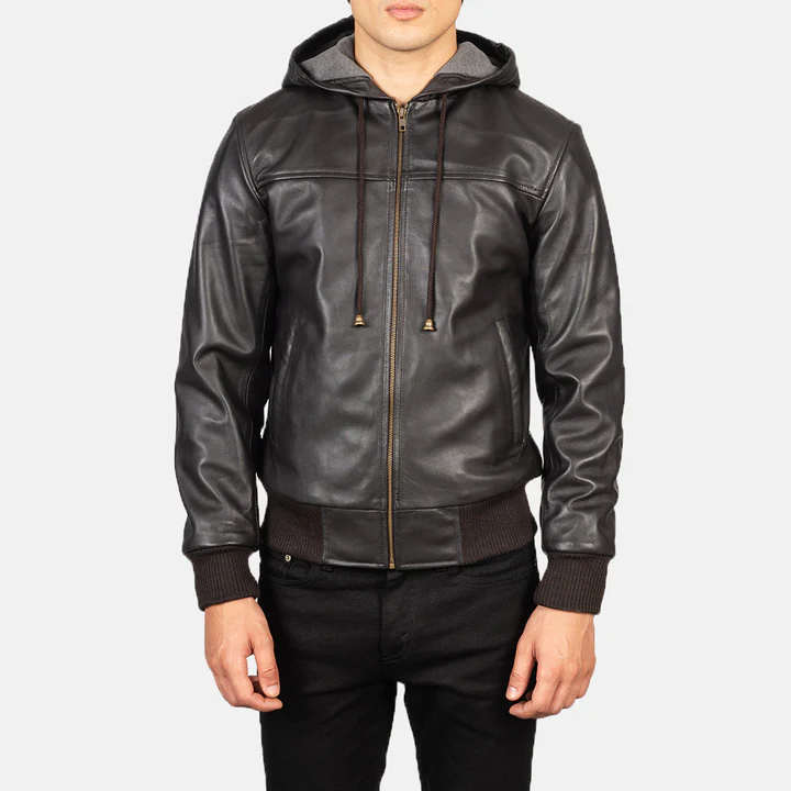 Nintenzo Brown Hooded Leather Bomber Jacket - Image 2