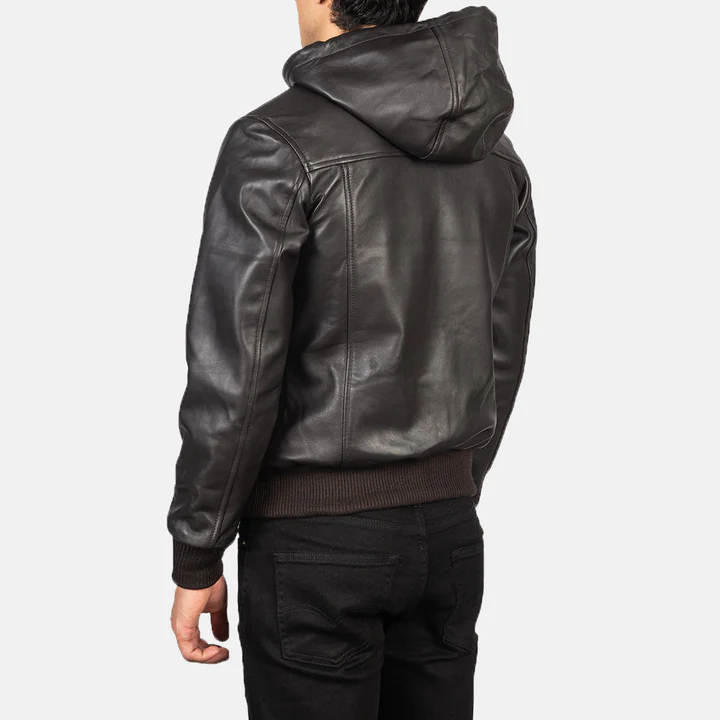 Nintenzo Brown Hooded Leather Bomber Jacket - Image 3