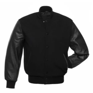 All Black Wool & Leather Sleeves Varsity Letterman Jacket