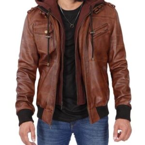 Men's Brown Lambskin Leather Jacket Bomber Style With Removable Hood